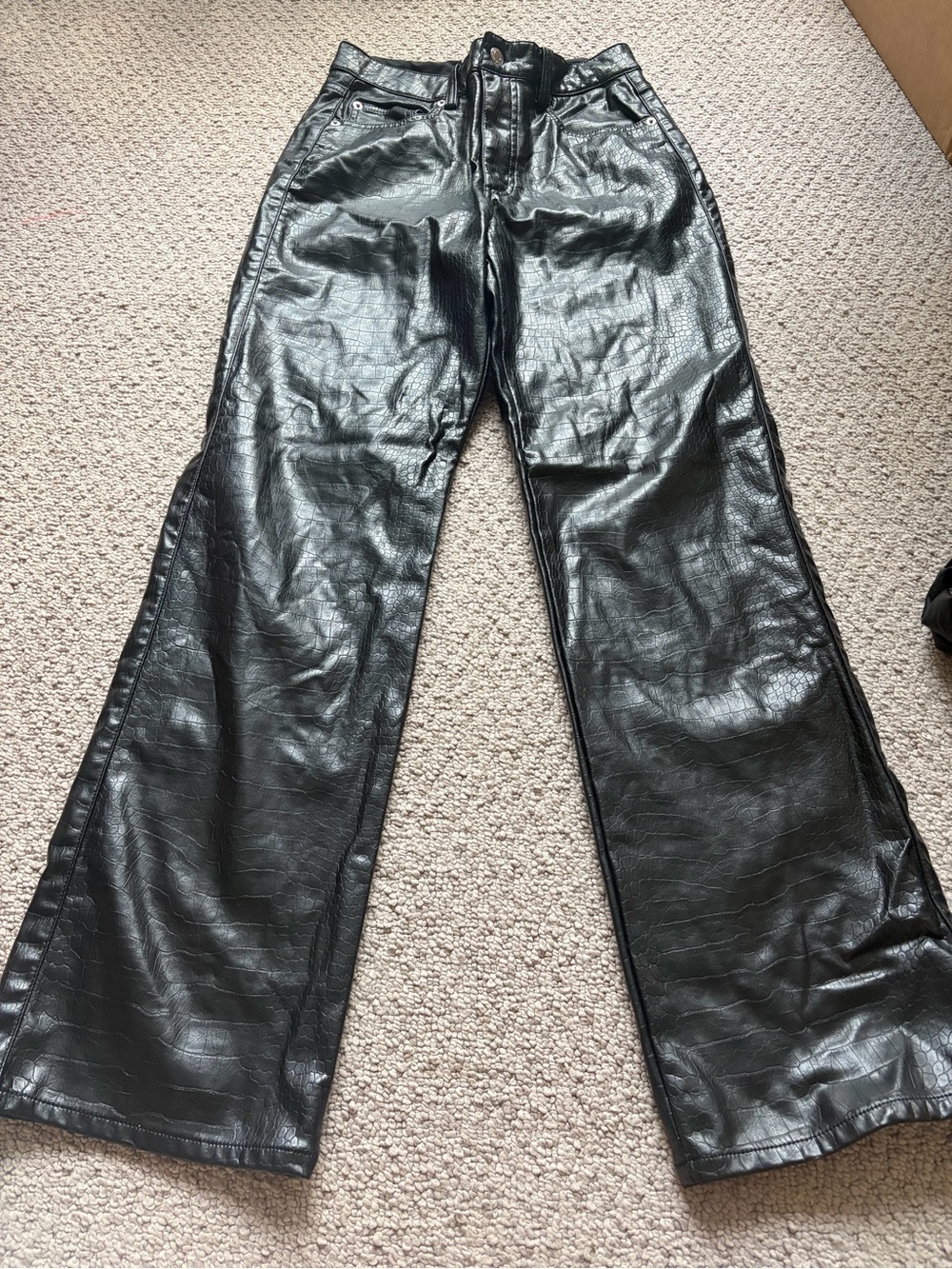 H&M Black Croc-Embossed Faux Leather Wide-Leg Pants